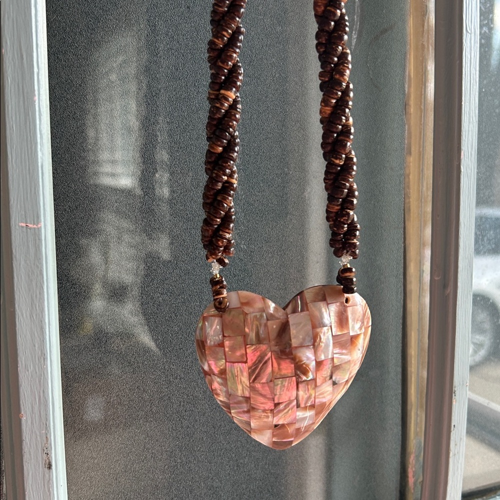 Mongo Shells Mother of Pearl Heart Pendant Chunky Hand Made Necklace Pink Brown